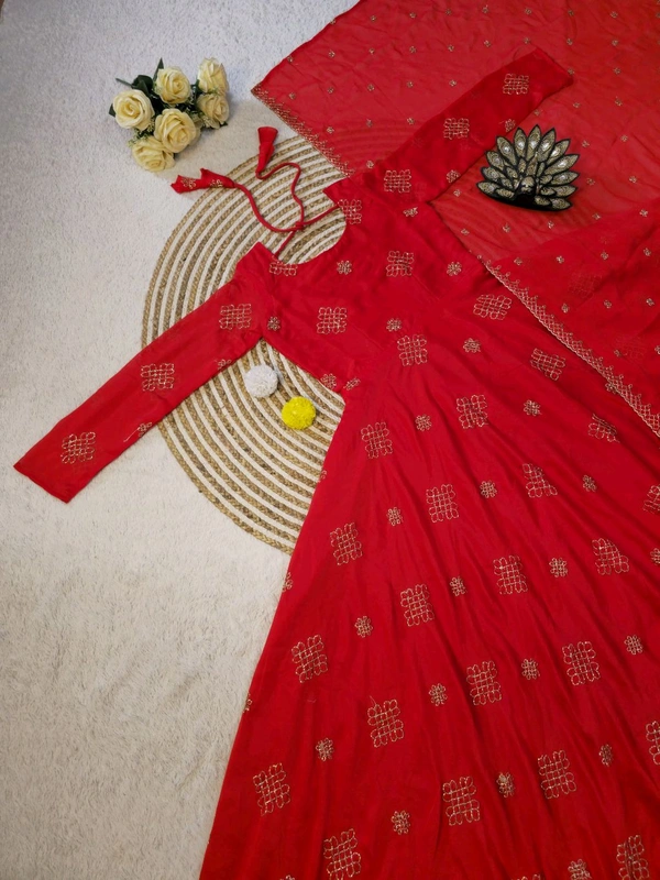 Rangoli Silk Gown + Duppata All Over Dress Cutbeads Work - M - 38, Red