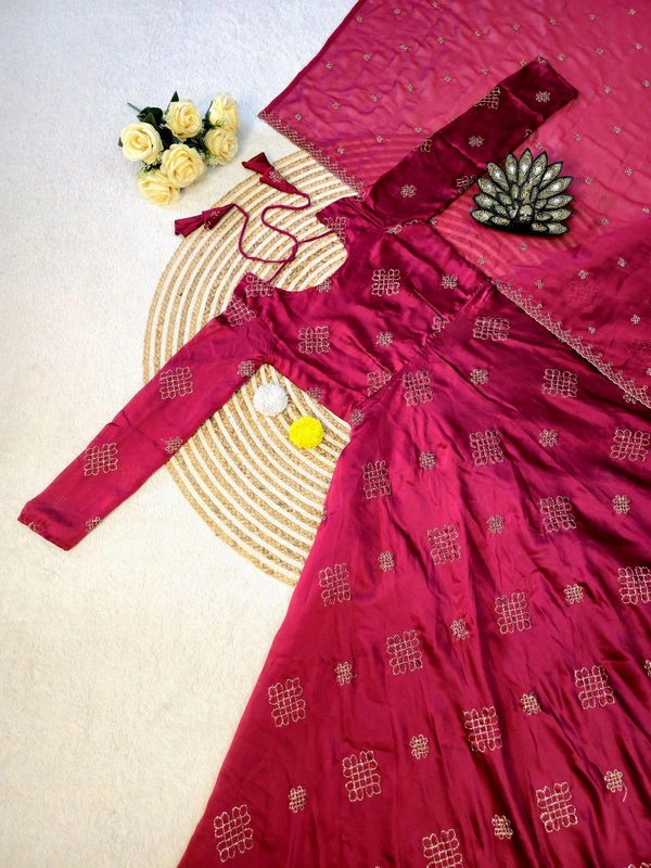 Rangoli Silk Gown + Duppata All Over Dress Cutbeads Work - M - 38, Red Violet