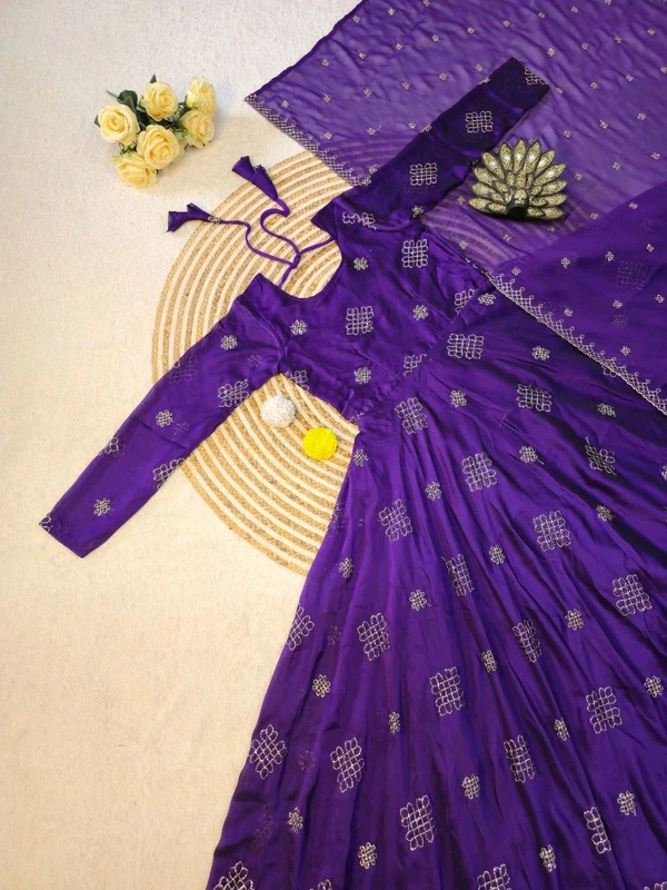 Rangoli Silk Gown + Duppata All Over Dress Cutbeads Work - L - 40, Purple