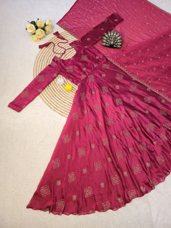Rangoli Silk Gown + Duppata All Over Dress Cutbeads Work - L - 40, Red Violet