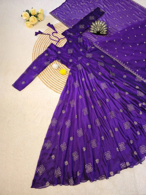 Rangoli Silk Gown + Duppata All Over Dress Cutbeads Work - XL - 42, Purple