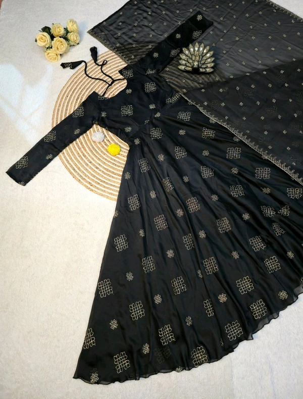 Rangoli Silk Gown + Duppata All Over Dress Cutbeads Work - XL - 42, Black