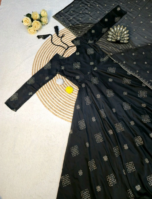 Rangoli Silk Gown + Duppata All Over Dress Cutbeads Work - XXL - 44, Black