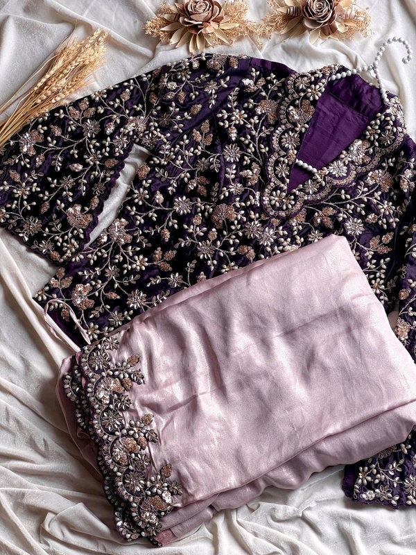 W25074 Blazer style blouse *1 Min Saree* Ready To Wear Metallic glosssy satin saree with coding sequence, Embroidery & pearl work on border as shown