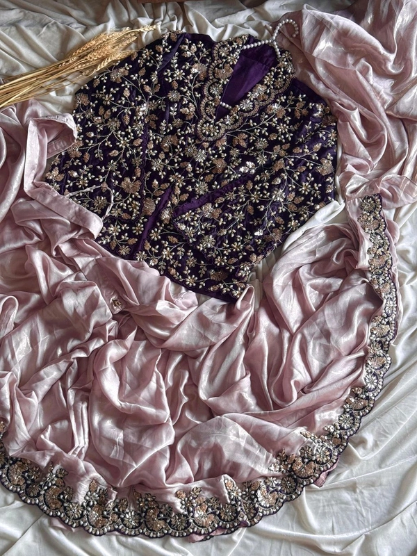 W25074 Blazer style blouse *1 Min Saree* Ready To Wear Metallic glosssy satin saree with coding sequence, Embroidery & pearl work on border as shown