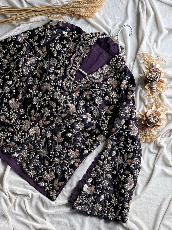 W25074 Blazer style blouse *1 Min Saree* Ready To Wear Metallic glosssy satin saree with coding sequence, Embroidery & pearl work on border as shown