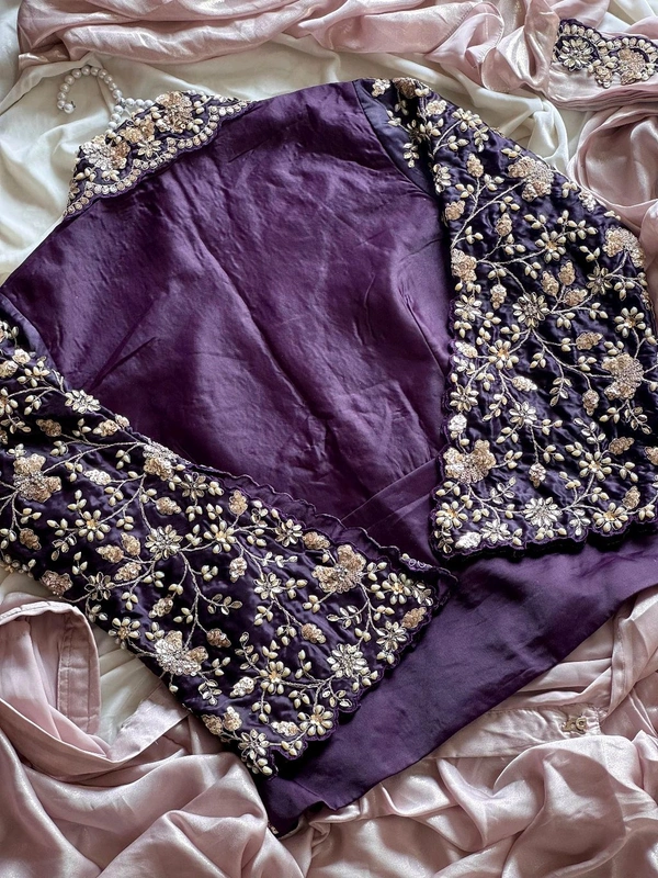 W25074 Blazer style blouse *1 Min Saree* Ready To Wear Metallic glosssy satin saree with coding sequence, Embroidery & pearl work on border as shown