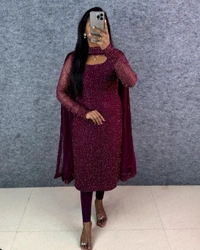 W16322 New designer Partywear kurti with Duppata - S - 36, cherry wine