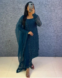 W16322 New designer Partywear kurti with Duppata - S - 36, Peockock Blue