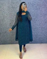 W16322 New designer Partywear kurti with Duppata - S - 36, Peockock Blue