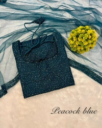 W16322 New designer Partywear kurti with Duppata - S - 36, Peockock Blue