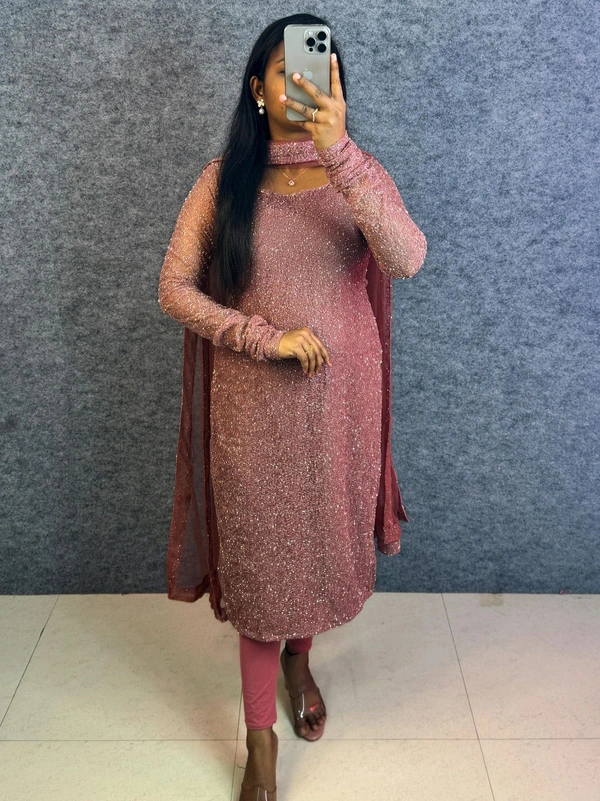 W16322 New designer Partywear kurti with Duppata - S - 36, coco brown