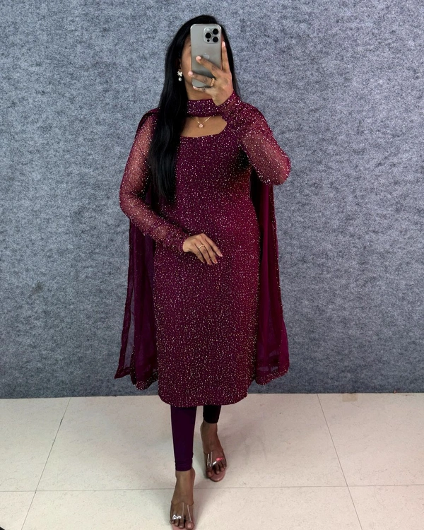 W16322 New designer Partywear kurti with Duppata - XL - 42, cherry wine
