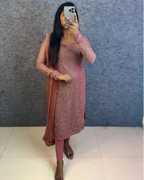 W16322 New designer Partywear kurti with Duppata - XXL - 44, coco brown