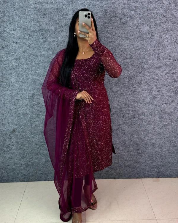 W16322 New designer Partywear kurti with Duppata - 3XL - 46, cherry wine