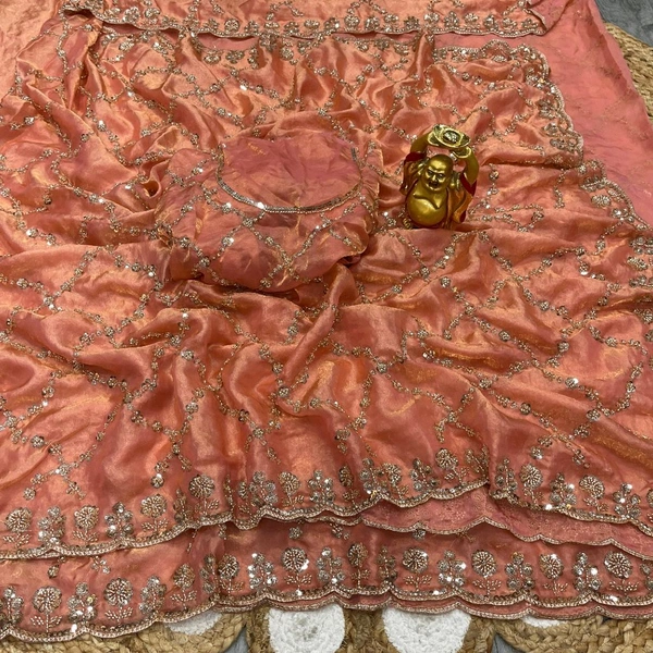 W78345 Bollywood inspired Grand party wear saree in original gold beeds work - Orange