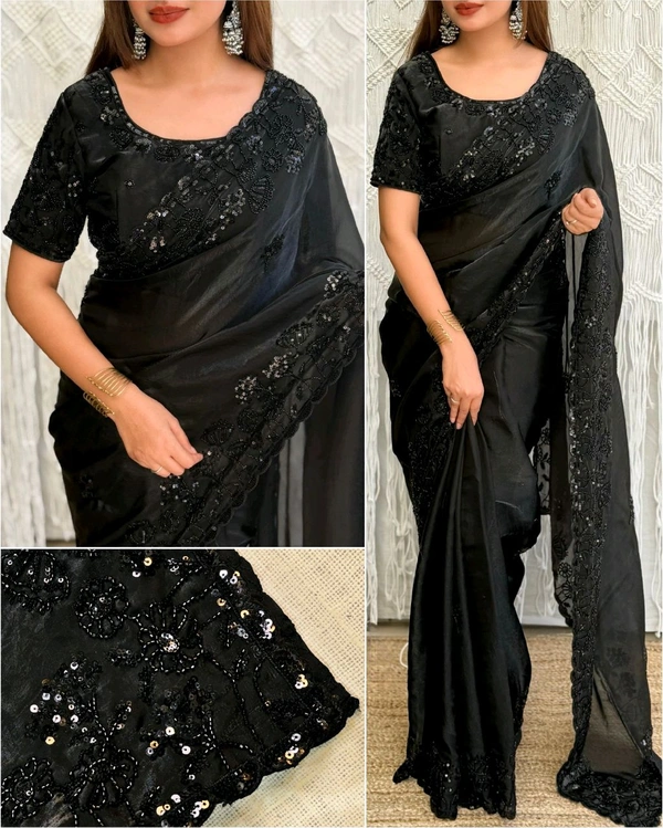 Full Heavy tone to tone Beads & sequins work  in full saree & blouse with cutwork pattern in saree border