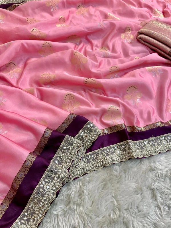 beautiful blend of soft pastels and bold detailing satin-silk finish with floral motifs and the intricate mirror moti work maggam lace border soft katan silk saree