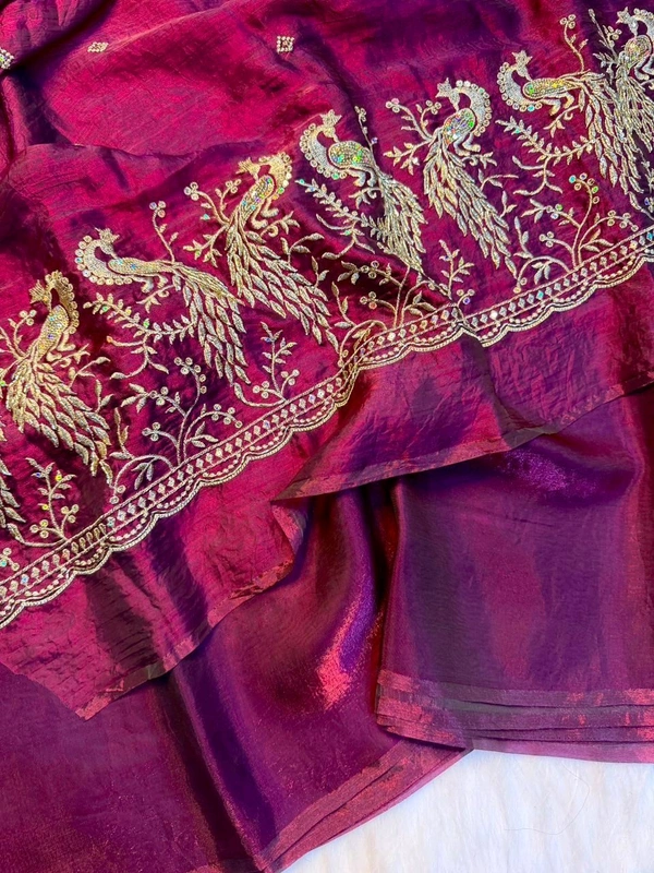 These outfits are stunning! The intricate peacock embroidery paired with that vibrant color palette is a total showstopper Premium space silk saree with work Blouse ✨ 