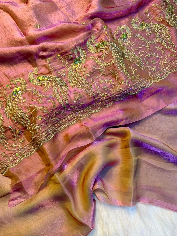 These outfits are stunning! The intricate peacock embroidery paired with that vibrant color palette is a total showstopper Premium space silk saree with work Blouse ✨ 