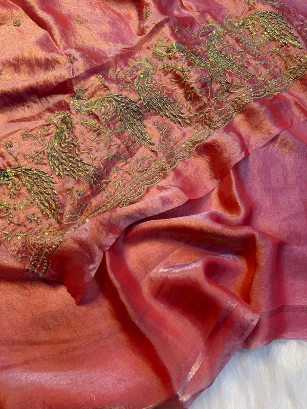 These outfits are stunning! The intricate peacock embroidery paired with that vibrant color palette is a total showstopper Premium space silk saree with work Blouse ✨ 