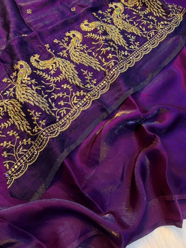 These outfits are stunning! The intricate peacock embroidery paired with that vibrant color palette is a total showstopper Premium space silk saree with work Blouse ✨ 