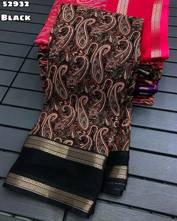 Moss Chiffon Saree With Ajrakh Printed Saree With Bentex Weaving Border 
