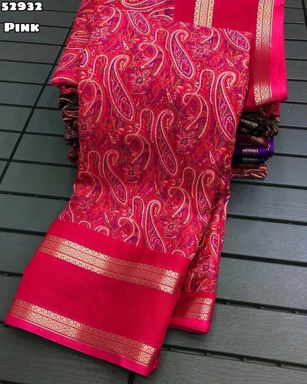 Moss Chiffon Saree With Ajrakh Printed Saree With Bentex Weaving Border 