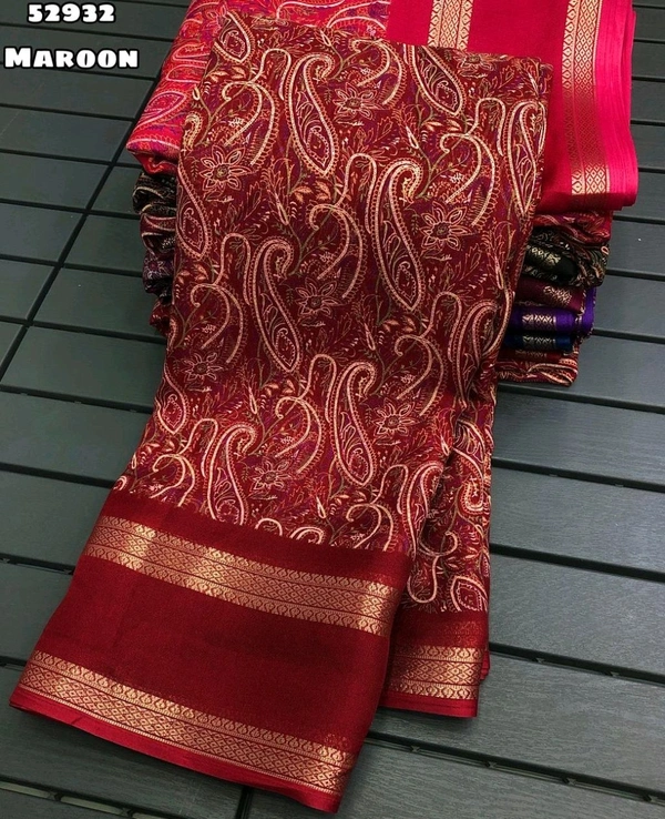Moss Chiffon Saree With Ajrakh Printed Saree With Bentex Weaving Border 