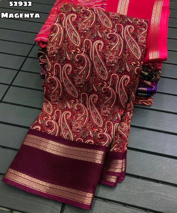 Moss Chiffon Saree With Ajrakh Printed Saree With Bentex Weaving Border 