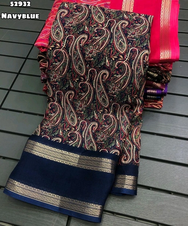 Moss Chiffon Saree With Ajrakh Printed Saree With Bentex Weaving Border 