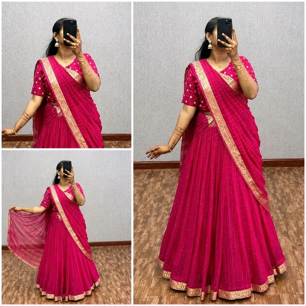 W34055 Pure Vintage Sequence Weaving Fully Stiched Viscose Lehenga - Pink