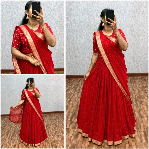 W34055 Pure Vintage Sequence Weaving Fully Stiched Viscose Lehenga - Red