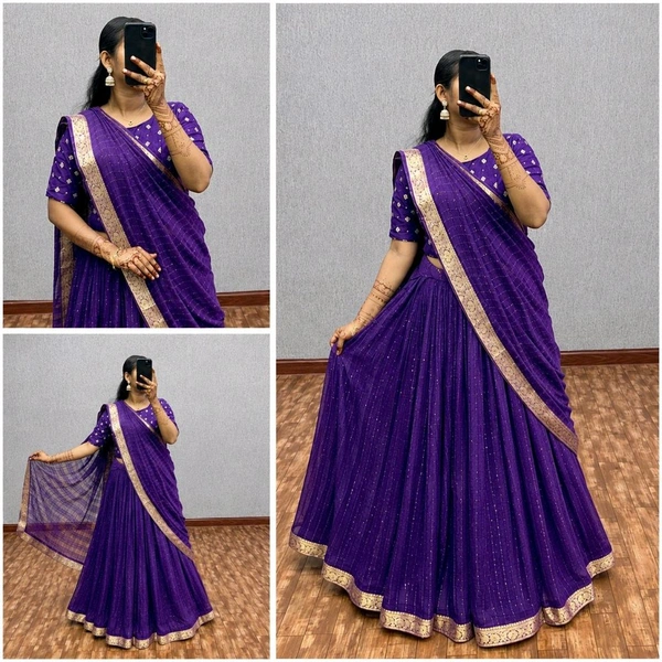 W34055 Pure Vintage Sequence Weaving Fully Stiched Viscose Lehenga - Purple