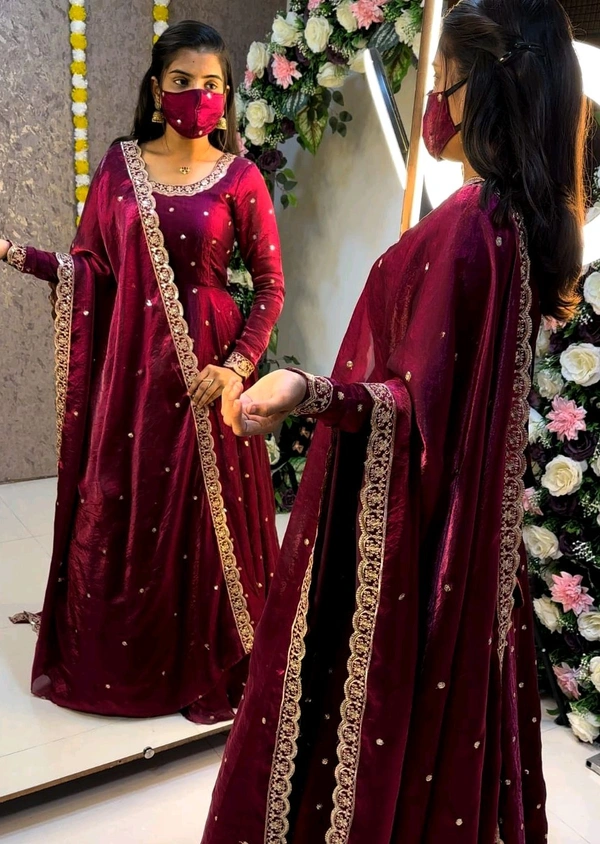 Bakrid special Rich sequence embroidery Gown + Dupata - L - 40, Bright Red