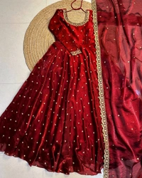 Bakrid special Rich sequence embroidery Gown + Dupata - L - 40, Bright Red