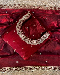 Bakrid special Rich sequence embroidery Gown + Dupata - L - 40, Bright Red