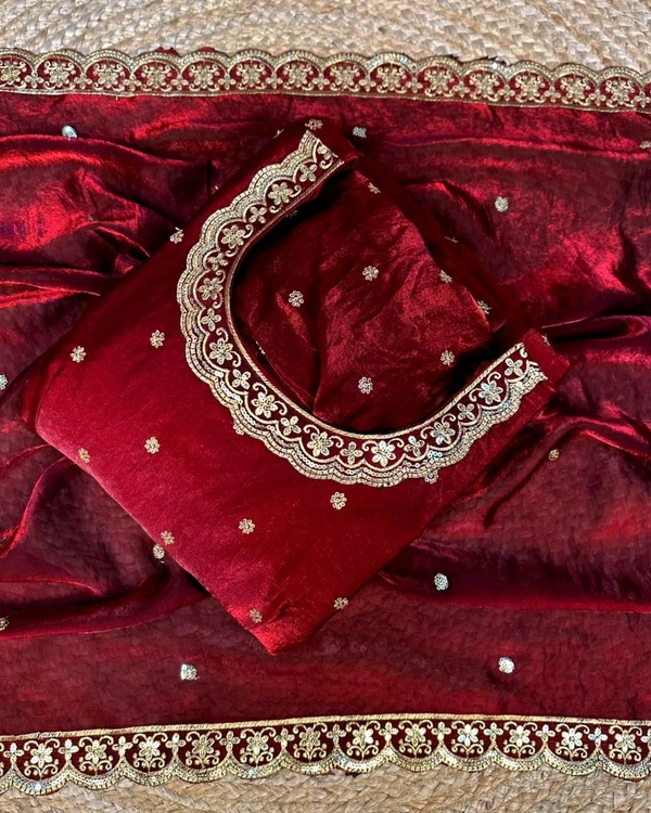 Bakrid special Rich sequence embroidery Gown + Dupata - L - 40, Bright Red