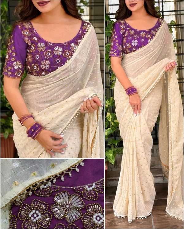 W12123 Dual gold & silver zari weaving saree with Beads and pearl sequence work Blouse - Purple
