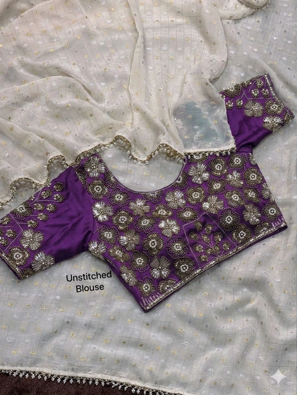 W12123 Dual gold & silver zari weaving saree with Beads and pearl sequence work Blouse - Purple
