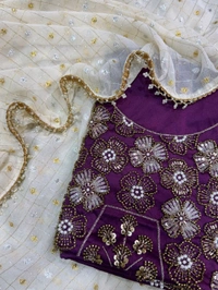 W12123 Dual gold & silver zari weaving saree with Beads and pearl sequence work Blouse - Purple