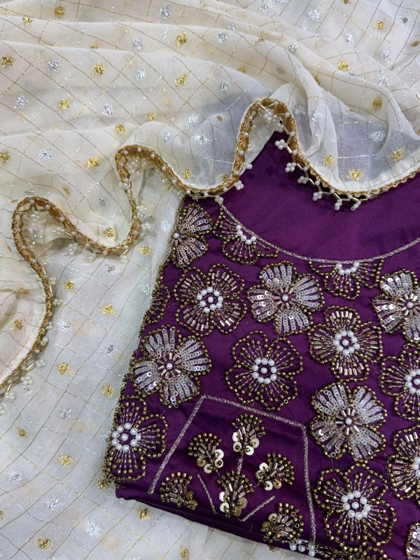 W12123 Dual gold & silver zari weaving saree with Beads and pearl sequence work Blouse - Purple