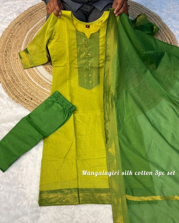 W98051 Mangalagiri silk cotton 3 piece sets with stunning Nizam border - L-40, Lime & Forest Green