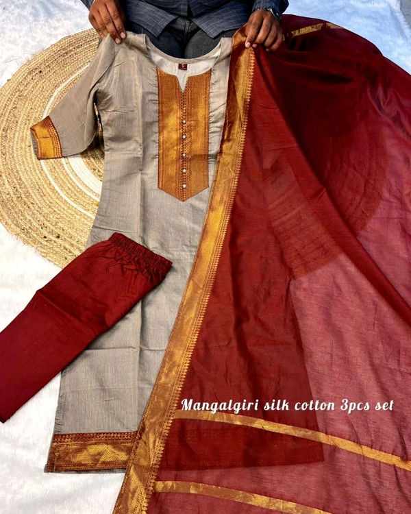 W98051 Mangalagiri silk cotton 3 piece sets with stunning Nizam border - XXL - 42, Classic Grey & Maroon