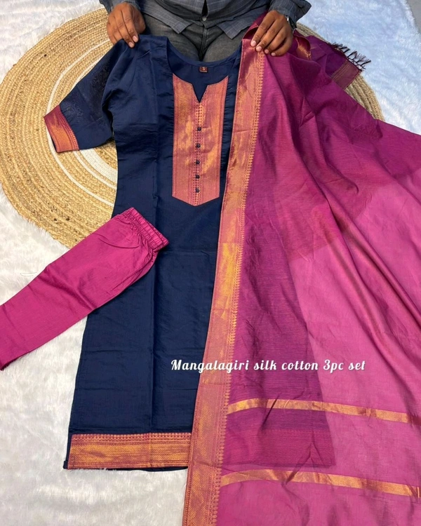 W98051 Mangalagiri silk cotton 3 piece sets with stunning Nizam border - 3XL - 46, Royal Navy & Magenta