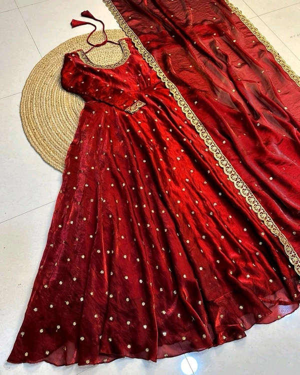 W27322 Bakrid special Rich sequence embroidery Gown + Dupata - S - 36, Reddish Maroon