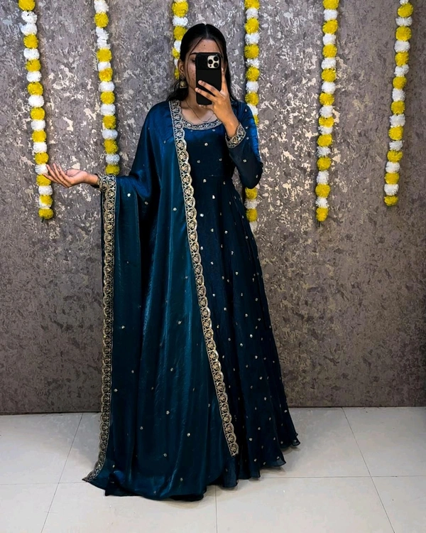 W27322 Bakrid special Rich sequence embroidery Gown + Dupata - S - 36, Teal blue