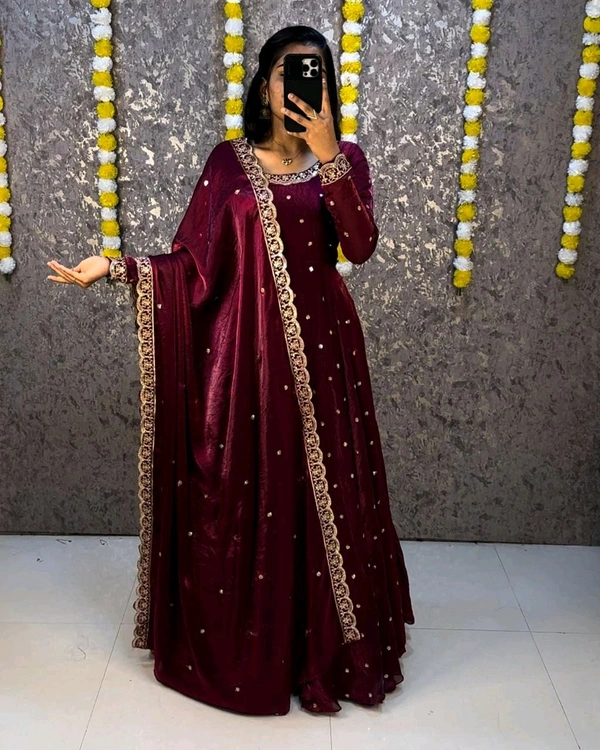 W27322 Bakrid special Rich sequence embroidery Gown + Dupata - S - 36, Wine