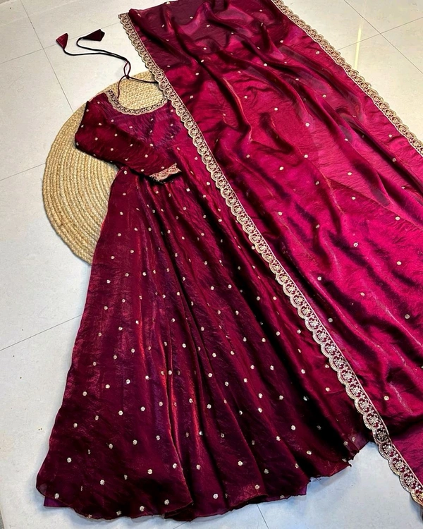 W27322 Bakrid special Rich sequence embroidery Gown + Dupata - S - 36, Wine