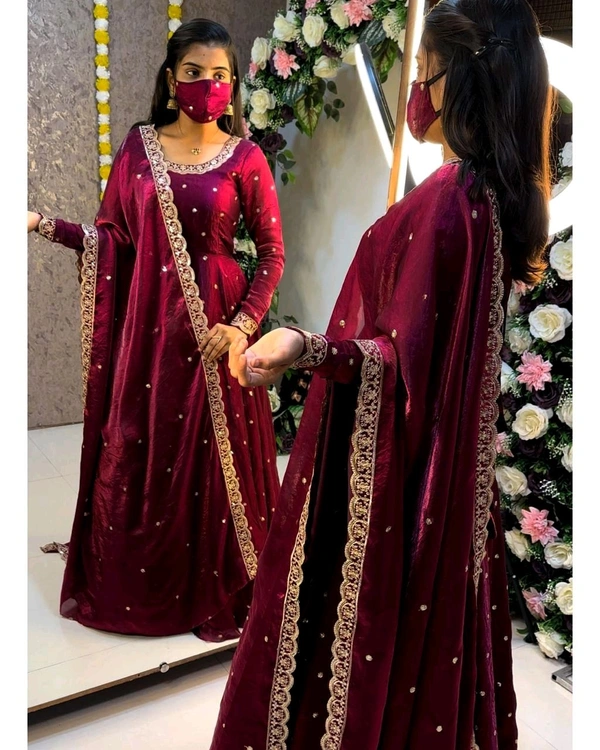 W27322 Bakrid special Rich sequence embroidery Gown + Dupata - M-38, Wine